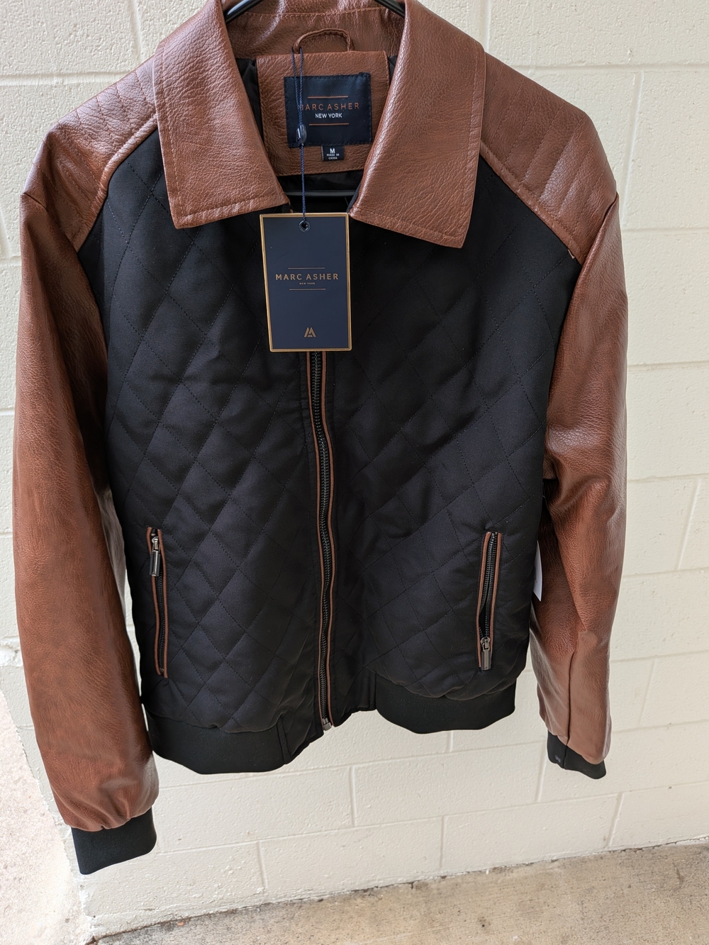 Marc Asher Quilted Black Bomber Jacket with Brown Leather Sleeves